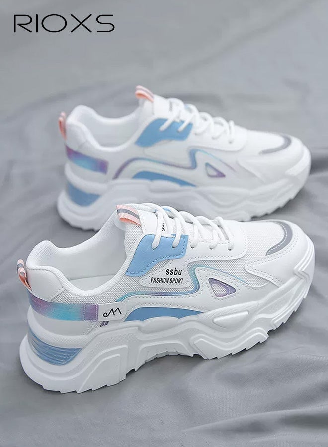 ريوكس حذاء رياضي نسائي بقاعدة سميكة، حذاء رياضي بقاعدة سميكة 5 سم للسيدات، حذاء رياضي مريح وقابل للتنفس، حذاء خفيف الوزن برباط للمشي، حذاء رياضي عصري غير رسمي بنعل مانع للانزلاق للارتداء في الشارع، الجري والركض والمشي والتمارين الرياضية والملابس اليومية، حذاء رياضي أزرق وأبيض - Image 2